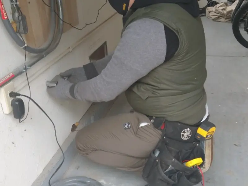 Electrician performing outlet wiring in a Norwood Young America garage
